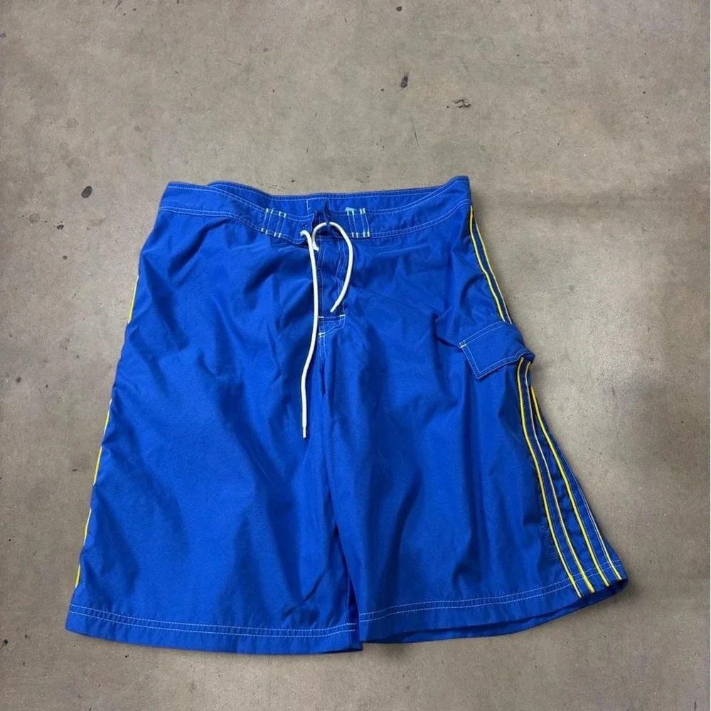 Phys Sci Mens Blue Board Shorts Size 36 Y2K Yellow Stripe Cargo Swim Trunks